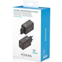 Cargador de pared gan aisens asch-65w3p073-bk/ 2xusb tipo-c/ 1xusb/ 65w/ negro