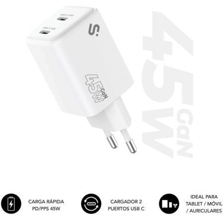 Cargador De Pared Gan Subblim 45W Charger Usb C+C