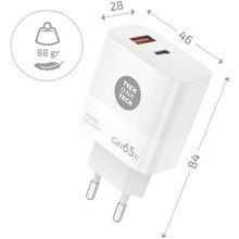 Cargador de pared gan tech one tech gan tec2270/ 1xusb tipo-c/ 1xusb/ 65w/ blanco