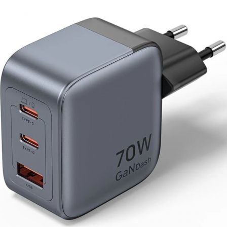 Cargador de pared gan vention fexh0-eu/ 2xusb tipo-c/ 1xusb/ 70w