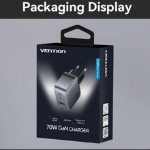 Cargador de pared gan vention fexh0-eu/ 2xusb tipo-c/ 1xusb/ 70w