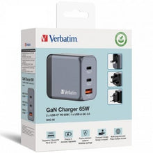 Cargador de pared universal gan para viaje verbatim gnc-65/ 2xusb tipo-c/ 1xusb/ 65w